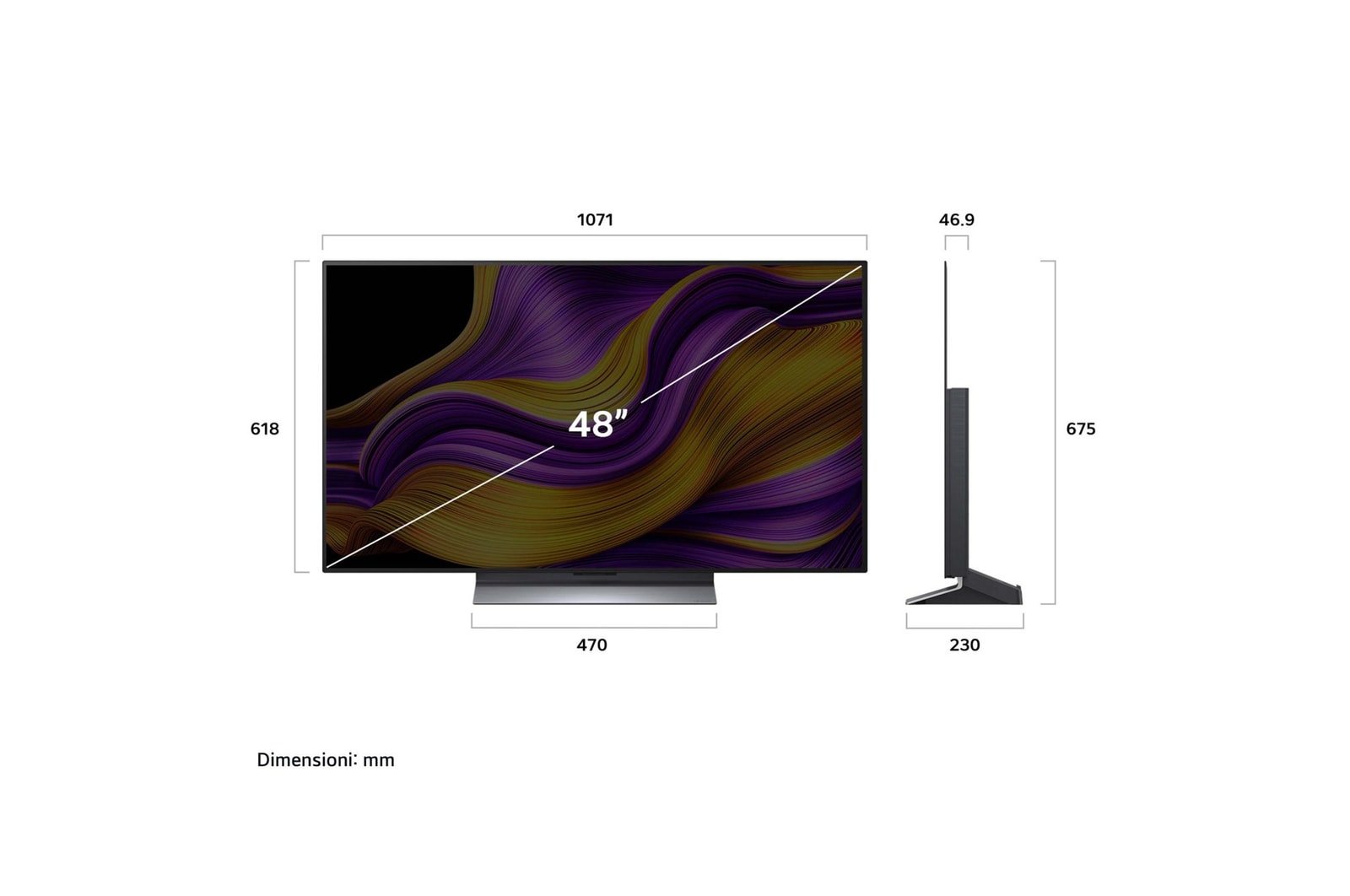 Vista frontale e laterale dello Smart TV LG OLED evo AI G5 4K che mostra le dimensioni di lunghezza, larghezza, altezza e profondità.